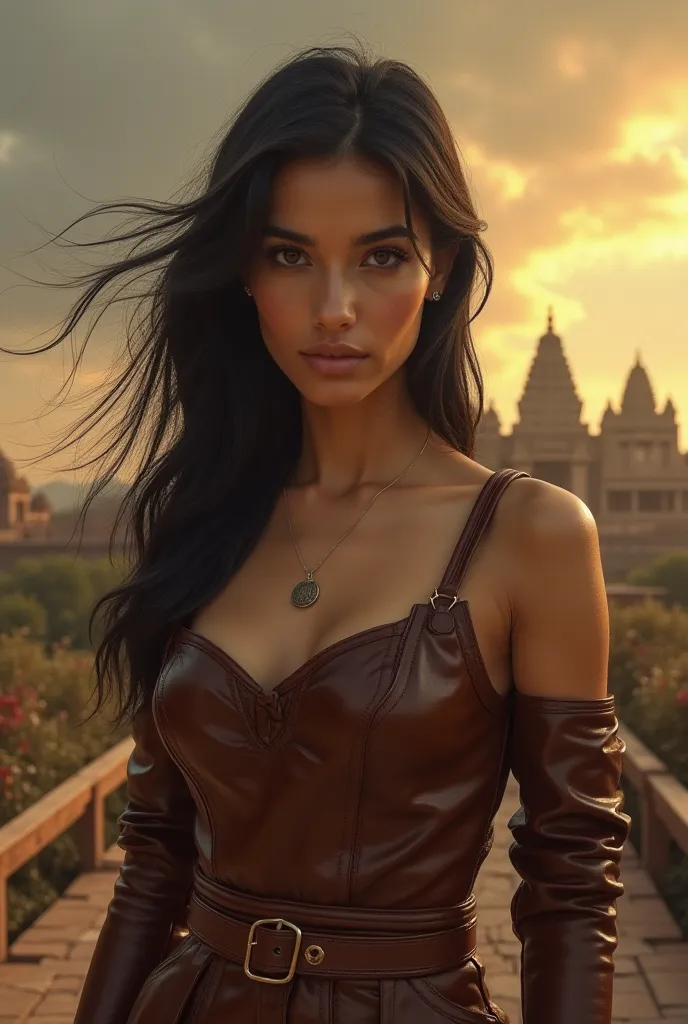 a beautiful woman, Brown Leather,  dark eyes and black hair , portrait, serene expression, standing in front of an Indian landscape, ancient temple,  cloudy sky ,  gold lighting ,  oil on canvas , Realistic Art, arte conceptual, 4k, ultra detailed, vivid c...