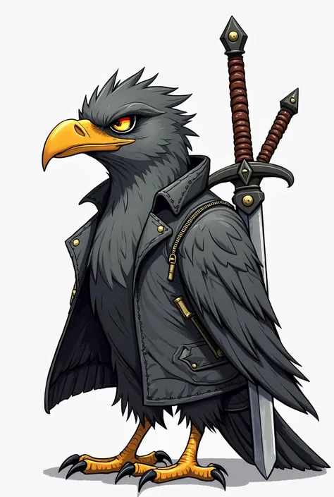 flat 2D bird , solo, carry a sword on his back, Andy graves, Japanese manga , dark gray bird body,   handsome sharp eyes, hawk, sitting bird , wear lether jacket,  male , Simple background, bright pupils,flat pencil illustraion,