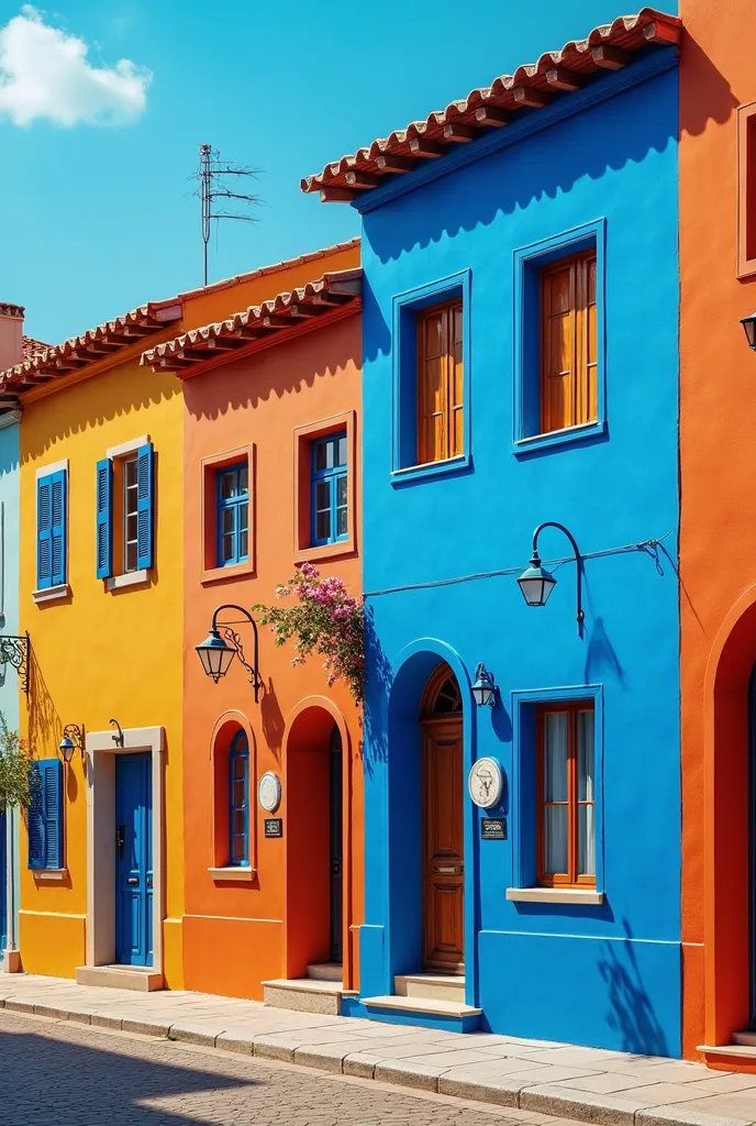 Facade of houses with blue and orange colors 