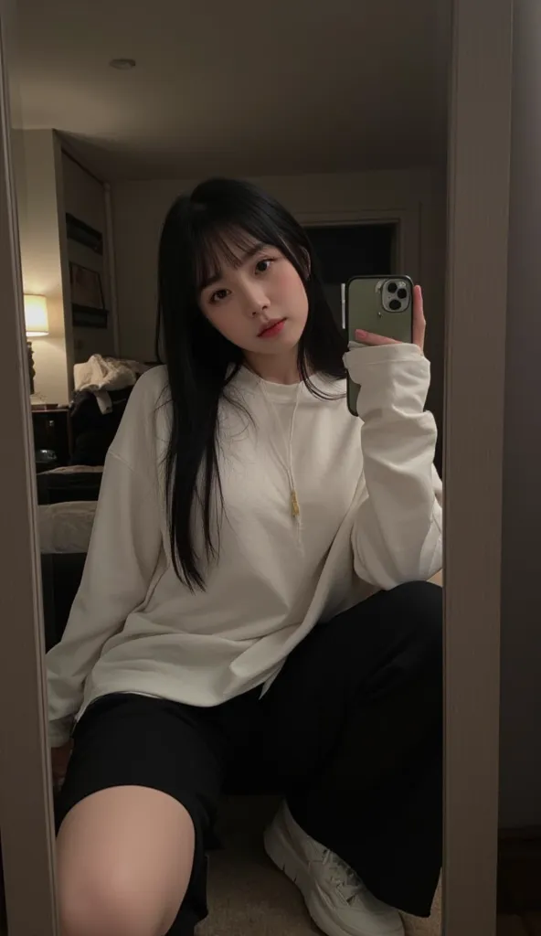 amateur photo, selfie in Instagram POV style in front of the mirror with the cell phone on the face.  large bedroom mirror view of her room, dark day, without makeup, she has long black hair with bangs, wearing loose clothing , estilo streetwear, huge boob...