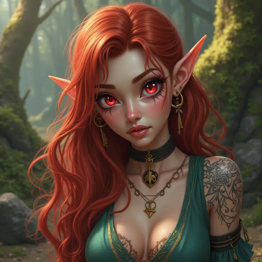 Close-up view of a stylized elf character, apparently from a fantasy game or work of art. She has vibrant and long red hair, pointy ears and bright red eyes like rubies and her irises have a faint sparkle. your skin is pale, and she has markings delicate f...