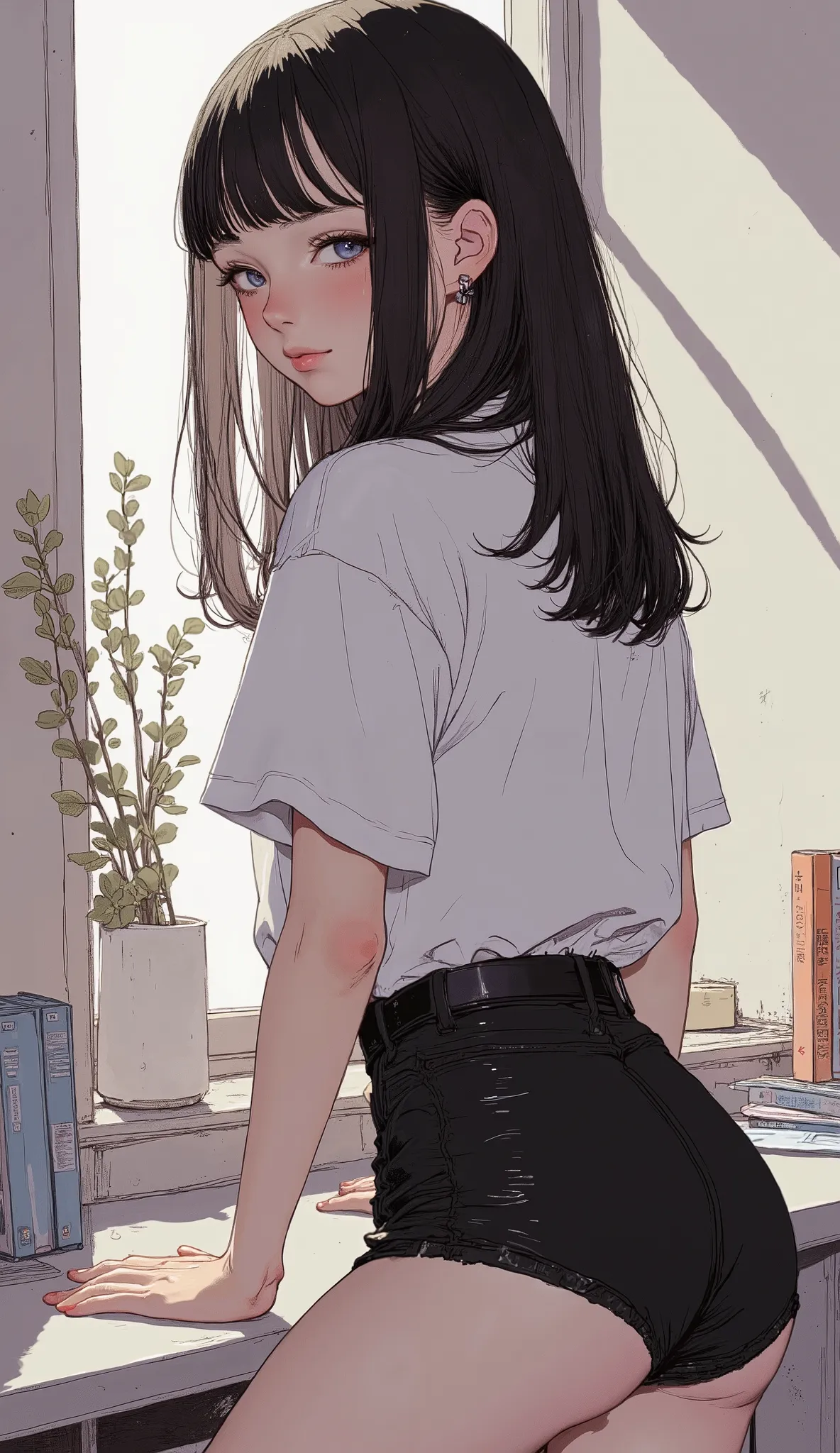 anime girl wearing black panties and white shirt, Manga by Shimoo, Pixiv, what is it？, Bend, (software) Watch Safe Workplace , concept art by ,  illuminated from behind , Lean forward slightly, a  super realistic high school girl ,  super realistic high sc...