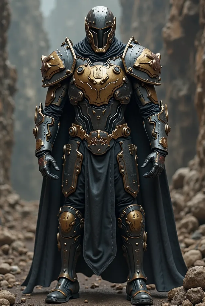 Advanced armour; steel; gritty; full body armour; oversized shoulder pauldron; stylised helmet; ponytail sticking out of helmet; varied black and gold colour scheme; full body shot