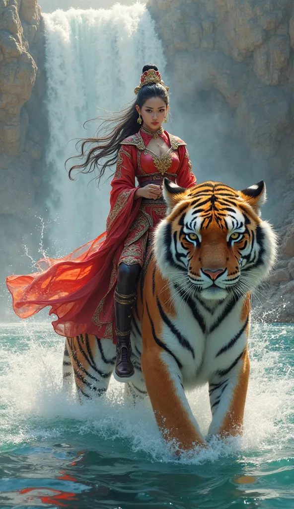 Eastern warrior girl in red armor riding a tiger on water, waterfall in the background