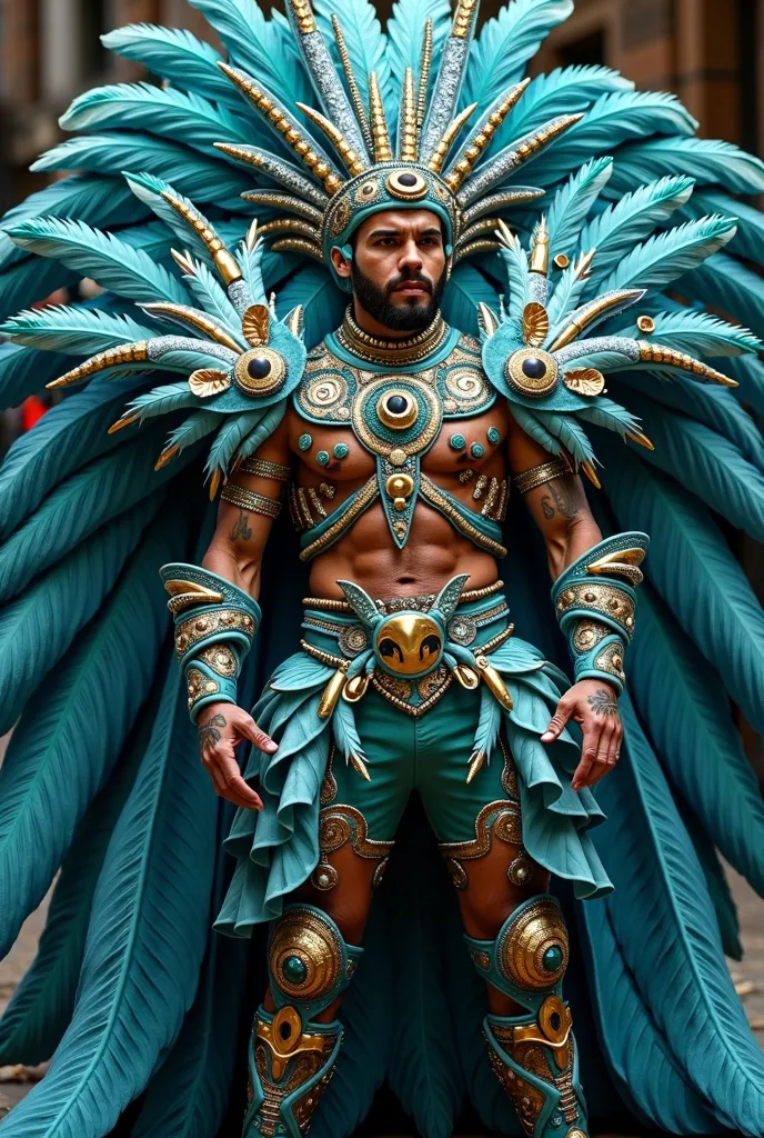 carnival costume with a sea theme that is masculine and has feathers and marine animals and that is large with Brazilian style, That it also has a lot of shine and marine things that have several blues