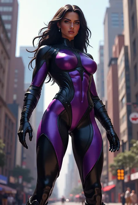 A female superhero as big and strong as an Amazon, wearing a purple and black latex costume