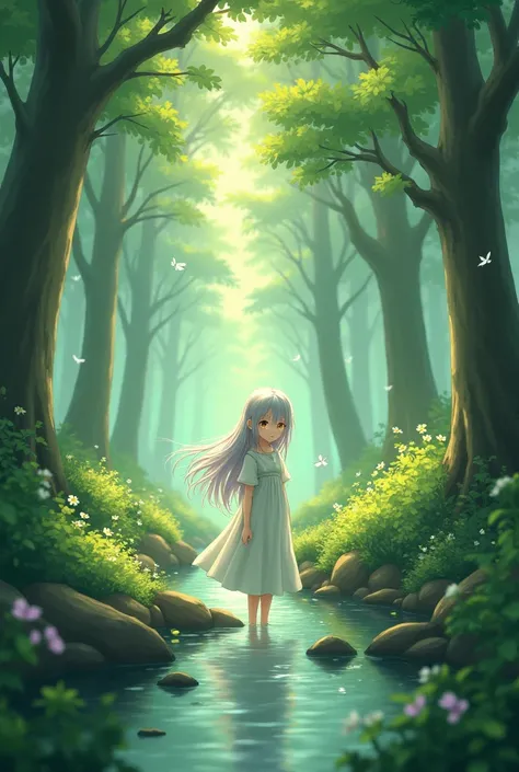 Anime girl in a forest, with a relaxing atmosphere with the scenery moving 