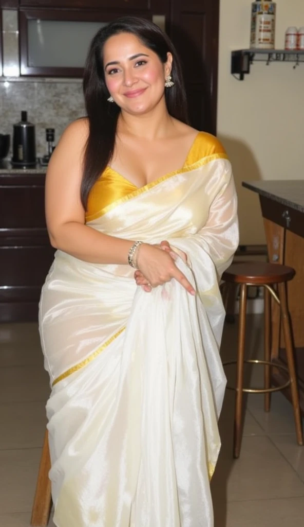 37 year old white skin indian married women looking at the viewer, wearing shiny glossy and reflective finish  White silk long sari and yellow Sleevless silk blouse , big Fat ass,wide hips, scooped Big breast, perfect milf Body, big ass ,messy hair , lipst...