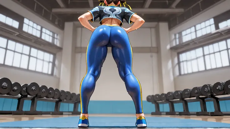 1girl, chun-li, street fighter 6, adult, face, blue floor, gym, blue skintight compression tee, grey tight leggings, blue shoes, compression tee, shirt, butt, thigh, top, hands on hip, back shot, standing, low angle, black shirt, hair bun, double bun, eyes...