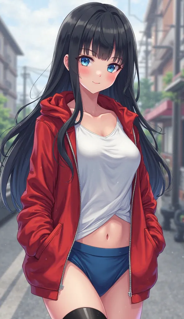 1little girl, solo, fullbody+++
black hair, long hair, longshot+++. 
blue eyes,  looking at viewer,  smile, closed mouth,
(wearing red jogging jacket, open jacket, white inner shirt), (wearing blue school gym highlegged+++++++ buruma+++++ underwear),bare t...