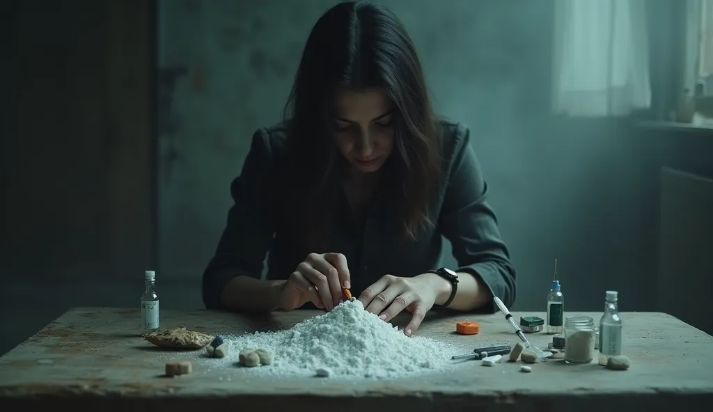 white narcotics powder and syringe and tablets on table with with Drug addict female on blur background