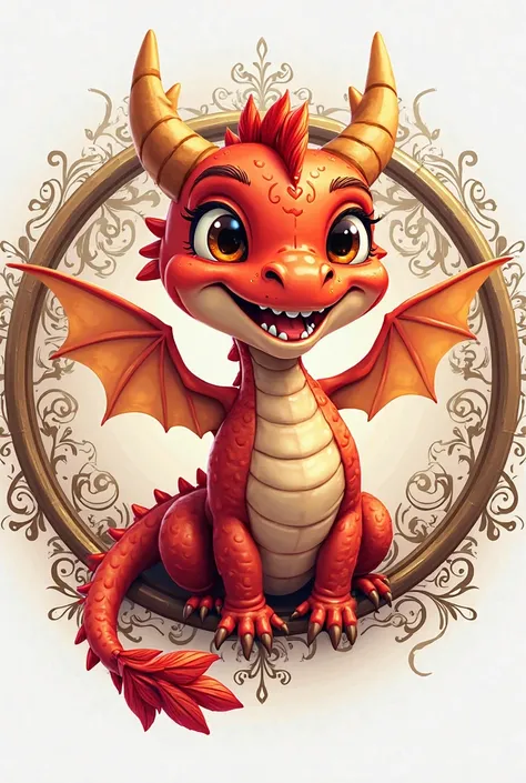 Create an image in the quality seal style. In the center an image of a smiling red dragon