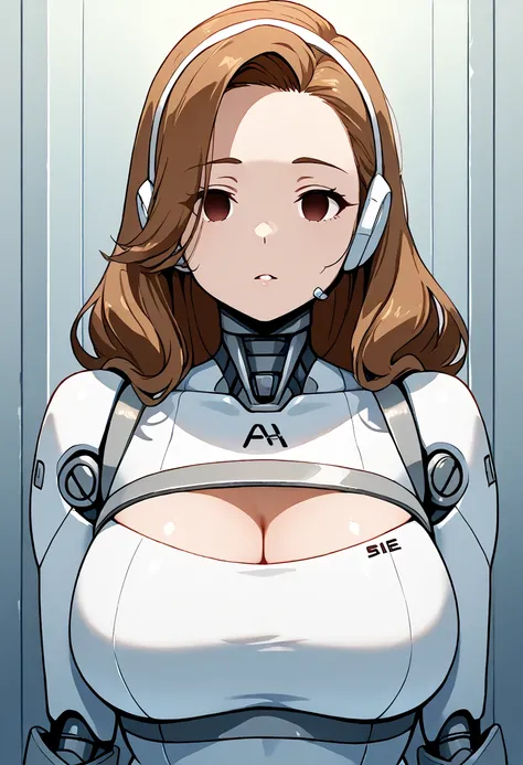 masterpiece, Best Quality, Extremely detailed, 8K portrait,Japaese android milf,forehead,Plump,freckled skin,long hair,brown hair,control panels,Robot arms and legs,perfect robot girl,a bit chubby,white gloves,white robot body,ceramic body,empty eyes,chest...