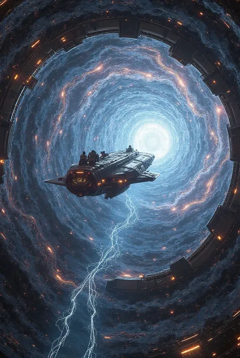 "An elegant and futuristic spaceship is pulled into a wormhole, where distorted lights and impossible cosmic patterns create a stunning visual effect. The surrounding space seems to bend and twitch,  mixing shades of blue , purple and gold. The interior of...