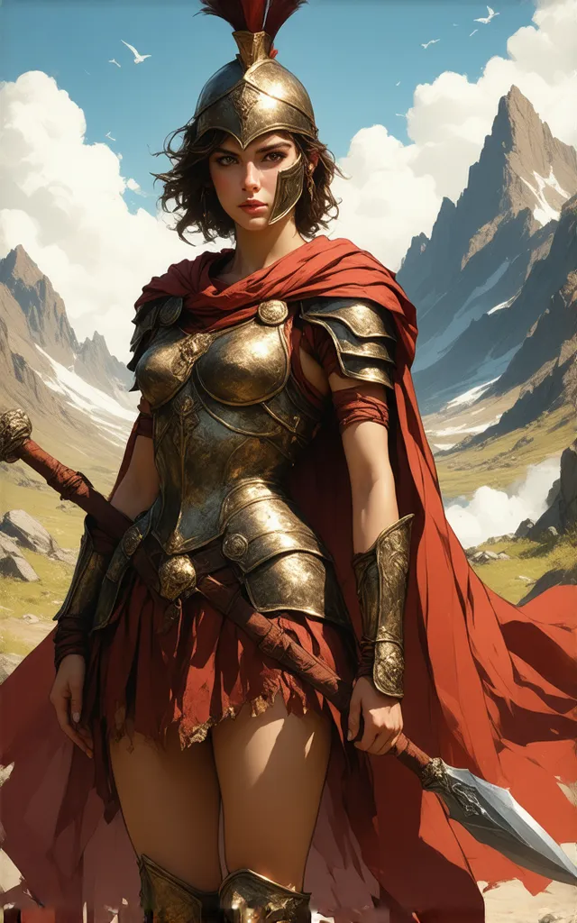 A Spartan warrior in anime style, background,  with a fierce and decisive expression .  her hair is short, wavy and brown,  with rebellious locks that frame her face .  His eyes are large and intense ,  reflecting her courage . She wears armor inspired by ...