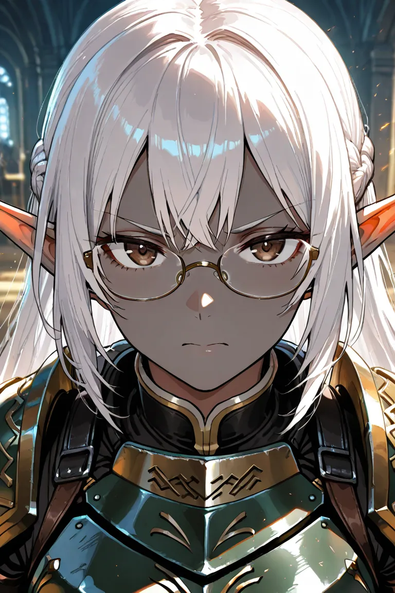 portrait, Solo, Male, elf, dark grey skin, straight white hair, brown eyes, wearing eye glasses, intimidating expression, armor 