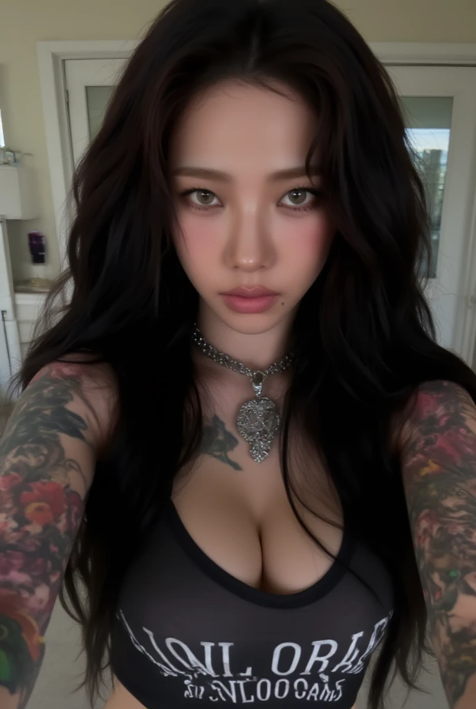  big black hair,  extremely long hair, extremely straight hair, Lots of tattoos, very tight blouse, Taking a selfie, Selfie POV , expression angry and cute at the same time.