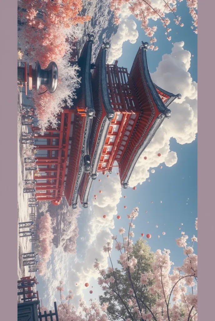 A Japanese mural with several samurais, The typical red moon, Mount Fungi, the typical building above the mountains, a lotus tree, a waterfall and more things related to Japan But mainly what I asked you, that transmits peace, with colors, golden, Cafés, b...