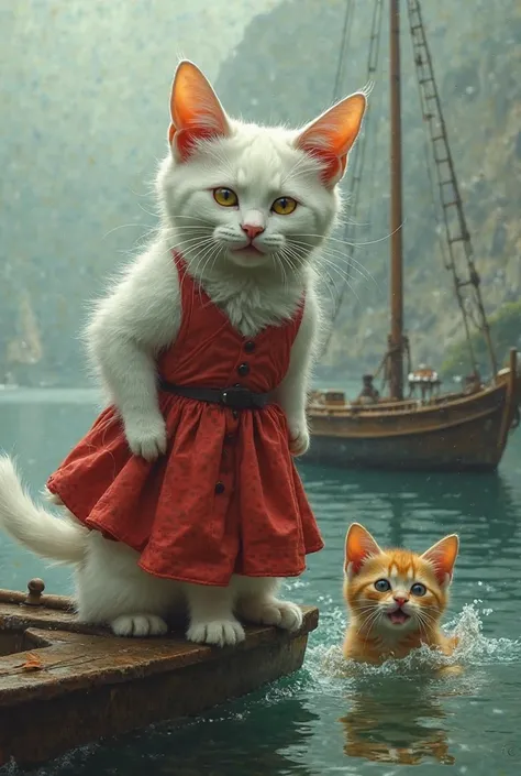 "A white cat with big ears and a red dress, the size of a man, stands on the boat smiling mischievously. A kitten struggles in the water nearby, while a boat floats in the background. The scene has a surreal and disturbing atmosphere."