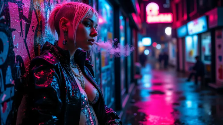 Alone in a rain-soaked alley, a woman with a shaved platinum-blonde undercut leans against a graffiti-covered neon wall, her exposed cybernetic arm gleaming under the pink and blue city glow. She wears nothing but an oversized, futuristic leather jacket le...