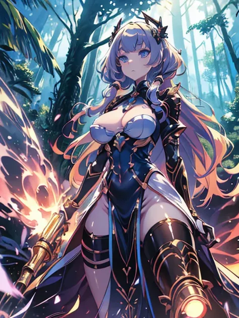 masterpiece, best quality, very detailed,  illustration of a woman with a penis , Absard Dress,very aesthetic,Not Human, humanoid robot, humanoid weapon , MS-09 Dom,  giant bazooka , He holds a bazooka in his right hand, Hovering,  in the forest ,