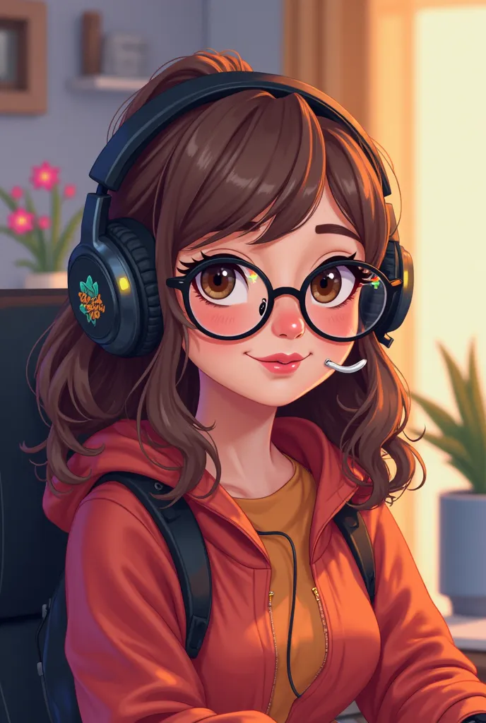 ISFP Twitch streamer Italian American female, glasses, gamer, wearing gaming headset, brown hair, brown eyes, Character Design, simple background