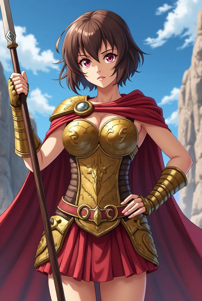 A Spartan warrior in anime style, background,  with a fierce and decisive expression .  her hair is short, wavy and brown,  with rebellious locks that frame her face .  His eyes are large and intense ,  reflecting her courage . She wears armor inspired by ...