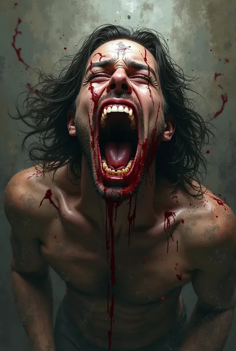 male face in creepy abstract movement long hair with an open mouth screaming chaotic dark environment death metal blasphemy scratching his own face