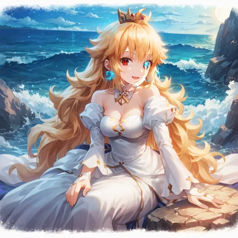 1girl, solo, (arc_1:1.2), long hair, red eyes, (slit pupils:1.1), very long hair, antenna hair, bangs, hair intakes,  dress, detached sleeves, breasts, gloves, blonde hair, bare shoulders, blonde hair, cleavage, detached collar, white gloves, strapless dre...