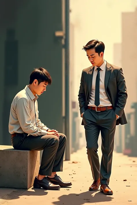 Draw a realistic picture, warm tones, represents the life transformation of an Asian man about 35-40 years old. The image is divided into two distinct parts:
	• Left , he is dressed only in a tight-lipped outfit, sitting on a park stone chair or a deserted...