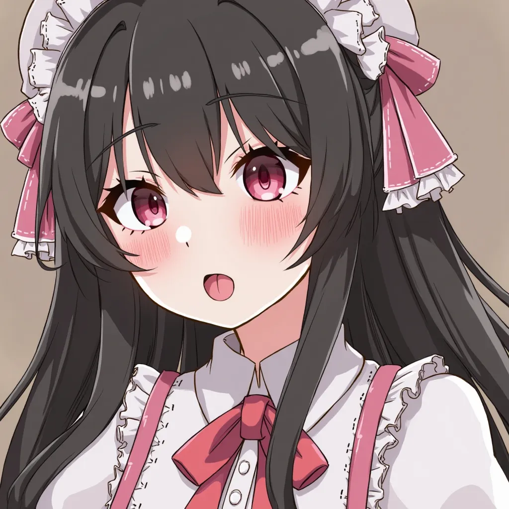 long hair,  black hair, accessories, stick out your tongue, Best Quality, High Resolution, textured skin, cut, big breasts, opening slightly, makes me drool,  red face, Anxious,  shy, Lolita-style headdress, Lolita Clothing