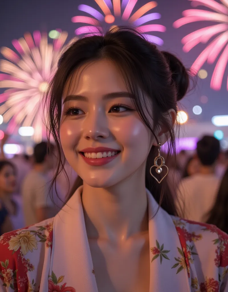 (A super cute busty Korean female college student wearing a hairpin is laughing and enjoying the fireworks:1.2)(Happy smile:1.2)(16k,  RAW photos , Best Quality, masterpiece: 1.2),(glossy black hair cute bun hair) Super Detail, super resolution, (Genuine, ...