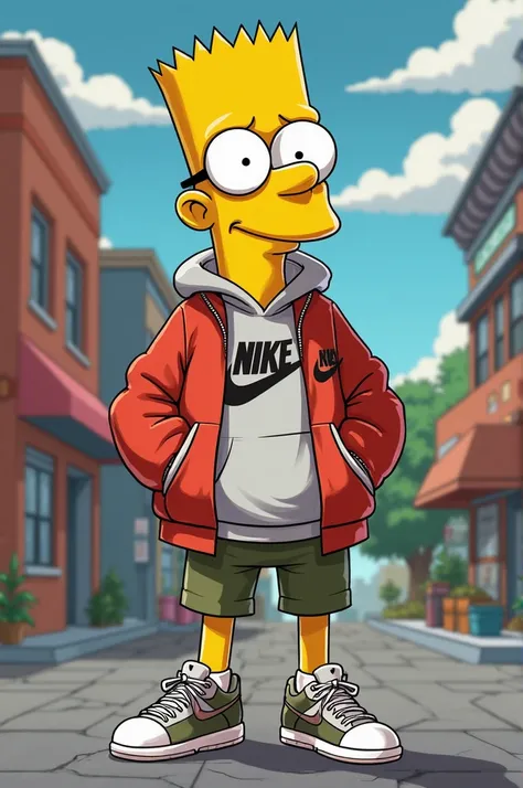 Milhouse van houten des Simpsons qui porte une tenue street wear Nike et des baskets Nike, il a une posture badbod 