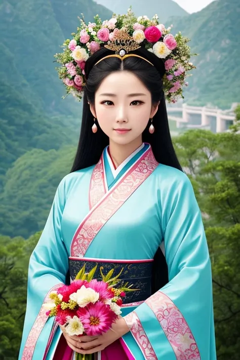 woman Arafa in a pink dress with a wreath of flowers on her head,  a color photo inspired by Lan Ying , tendência na cg society,  realism, Hanfu, palace ， a girl in hanfu, ancient Chinese princess,  a beautiful fantasy empress ,  ancient Chinese art style ...