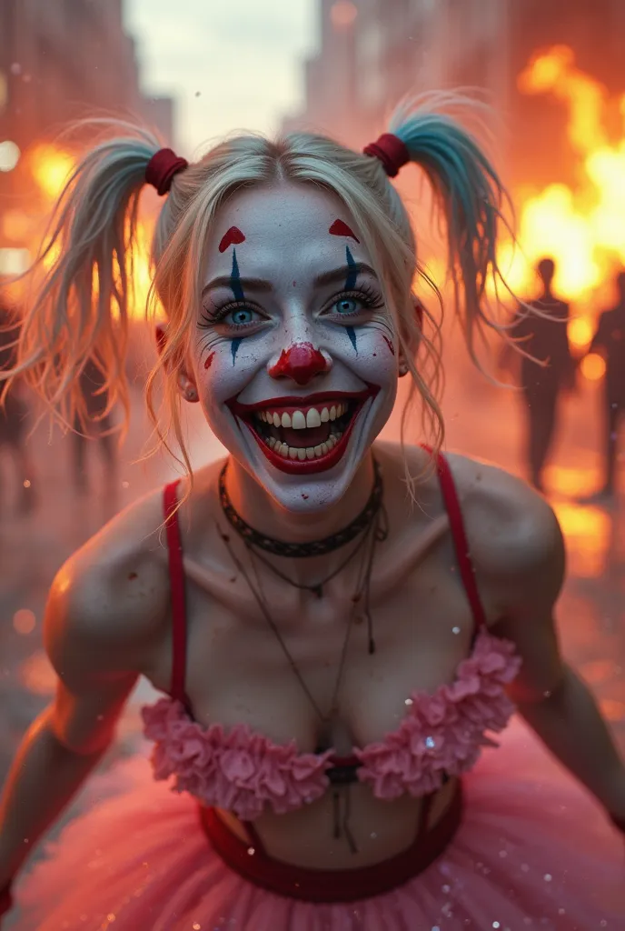 ((Ultra-realistic, cinematic close-up shot of Harley Quinn, her face twisted into a maniacal, wide-eyed grin, capturing the pure madness in her expression. Her piercing blue eyes are dilated, gleaming with unhinged excitement as she stares directly at the ...