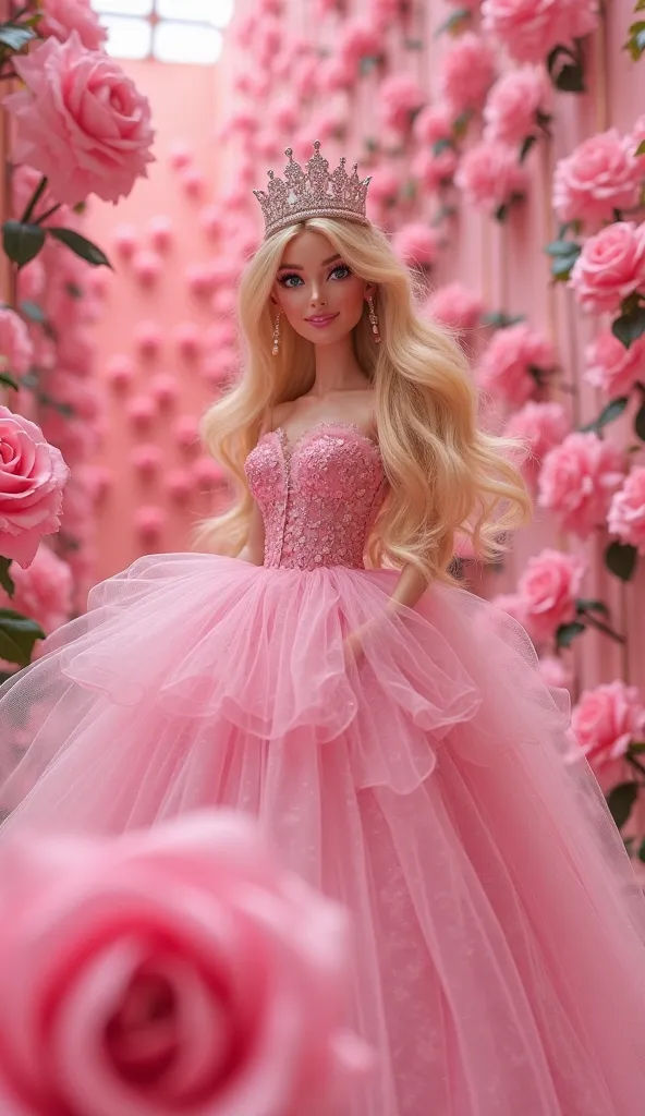  Princess Barbie wearing a pretty pink dress ,  wearing a beautiful crown ,  Interior photograph of a monumental labyrinth, Inflatable pink roses ,  Art installations of Martin Creed , (( full body shot )), fondo rosa,  delicate face ,  WHITE LEATHER FUND,...