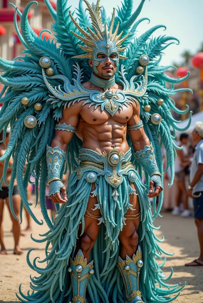 carnival costume with a sea theme that is masculine and has feathers and marine animals and that is large