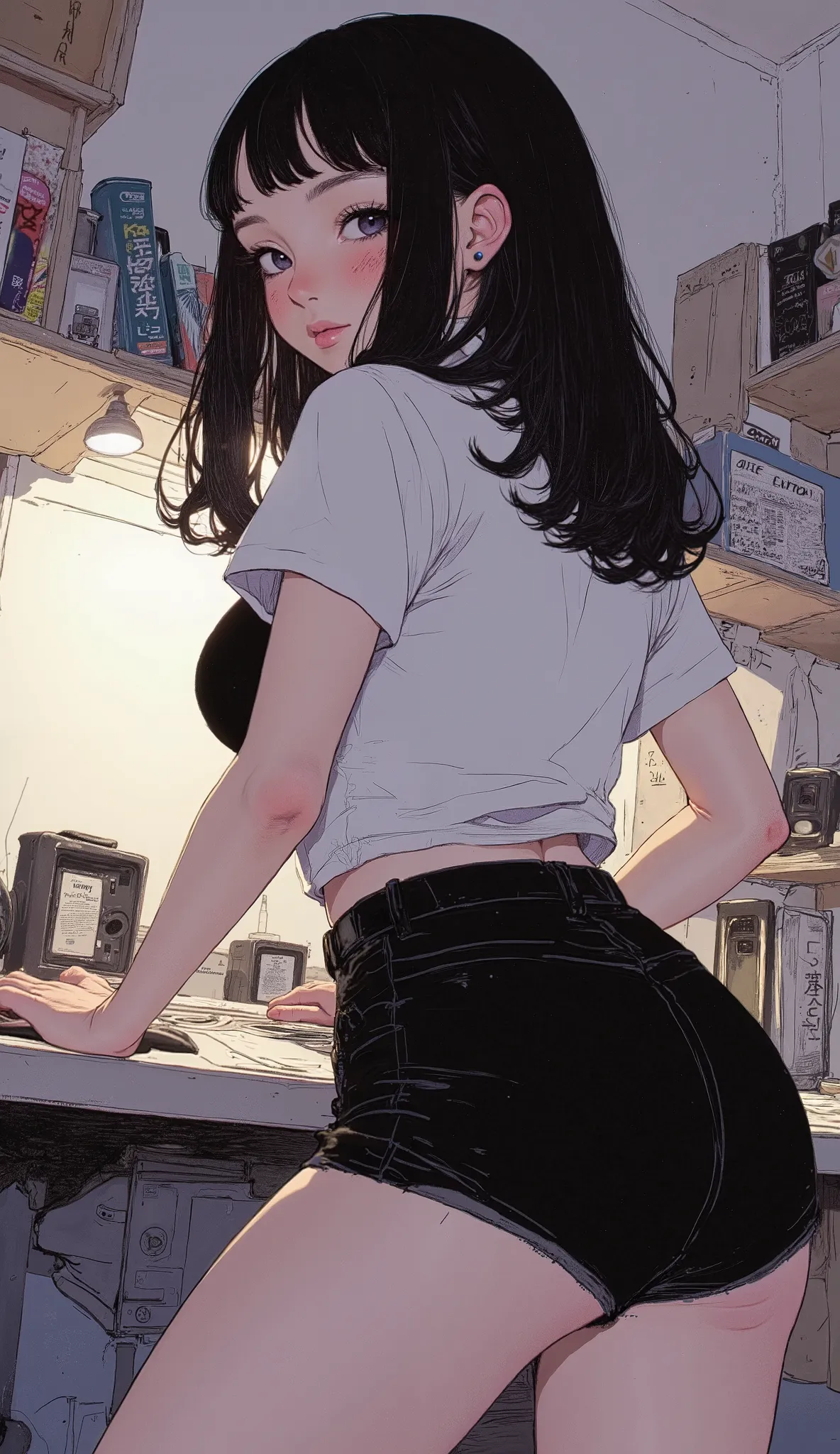 fisheye lens、anime woman wearing black hotpants and white short shirt, Bend, (software) Watch Safe Workplace , concept art by , big breasts、 illuminated from behind , Lean forward slightly, a hyperRealistic woman, boobs, sex, thick, A bewitching anime woma...