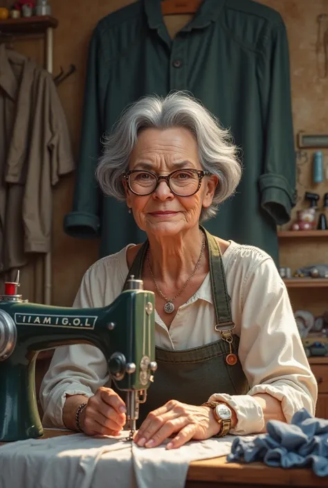 70-year-old female tailor,white skin,brown eyes,short wavy hair with bangs,with glasses and 2 thin necklaces,with your sewing machine