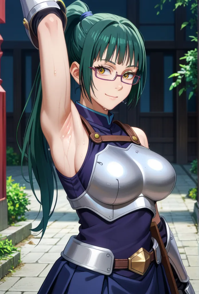 score_9, score_8_up, score_7_up, solo, 1girl, maki zenin, yellow_eyes, green_hair, long_hair, ponytail, glasses, large_breasts, armor, breastplate, gauntlets, blue_skirt, pleated_skirt, armored_dress, shoulder_armor, sleeveless, spread armpit, arm up, armp...