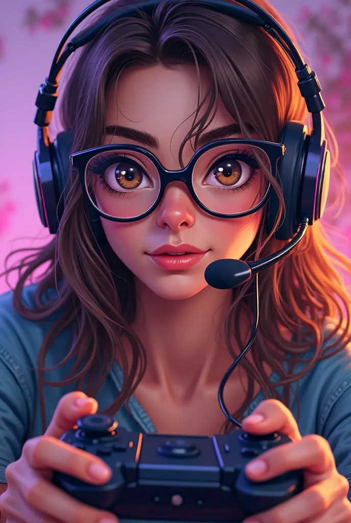 ISFP Twitch streamer Italian American woman, glasses, gamer, wearing gaming headset, holding gaming controller, brown hair, brown eyes, Character Design, simple background