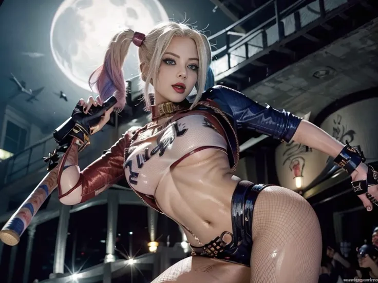  harley quinn 、1 girl crouching、solo、(((Structure and gestures、Costumes are randomly distributed to the world１Here are)))Busty Breasts、smile、open your mouth、blue eyes、blonde hair、 shirt、 gloves、twin tails、jewelry、weapons、太ももにもbeltセット、 fishnet pantyhose、bla...