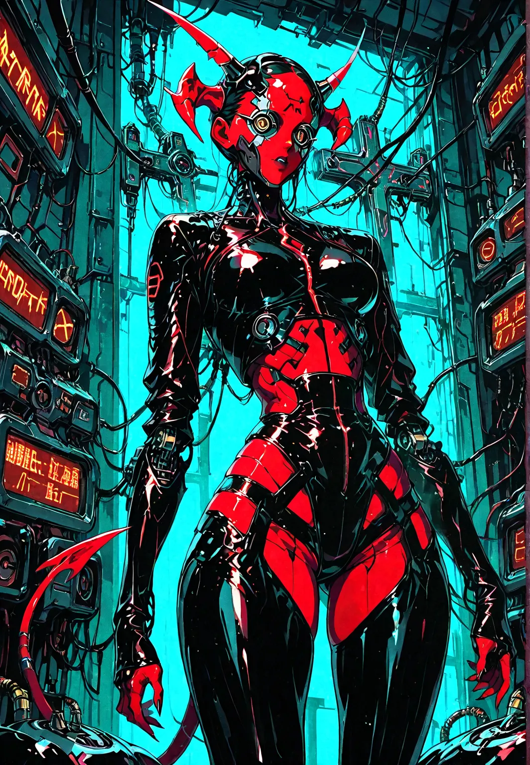 front view:  demon girl , Red skin, Horns, TAIL , latex costume,  robotic circuits , breasts, devices futuristic, lagrimas, ((Crucified in a cybernetic machine)), circuits, . Background: cyberpunk factory. dark atmosphere.