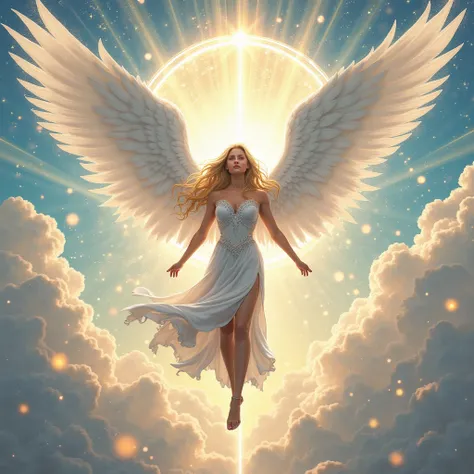 Flying Female Angel with Big White Wings and Blonde Hair Heavenly Scenery 
Comic style ( Make the traits of Marvel )
