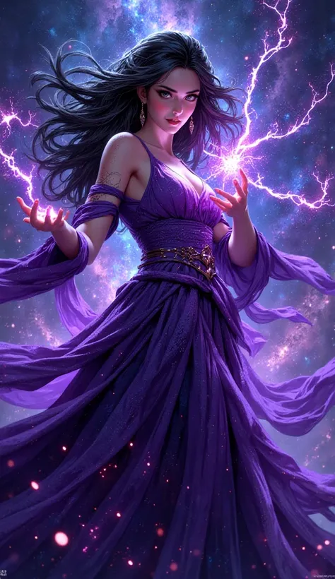 Lady, Bakckground Galaxy, Purple magic in her hands, purple dress, Black Hair, Earrings, Best Quality, Detail, Sparkle, 