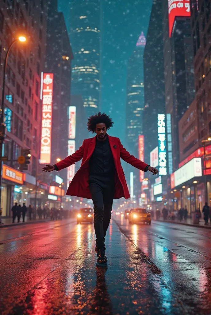 city With blinding lights and empty and a man with Afro haircut wearing black and a red coat on it dancing with hands open wide in the middle of road