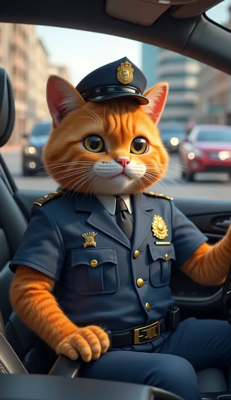 The image features an anthropomorphic figure with the head of a brown-eyed orange furry cat wearing a short-sleeved complete police uniform\, trousers with a badge as well as an official suit in dark blue. This cat sat in a luxury car, holding the wheel wi...