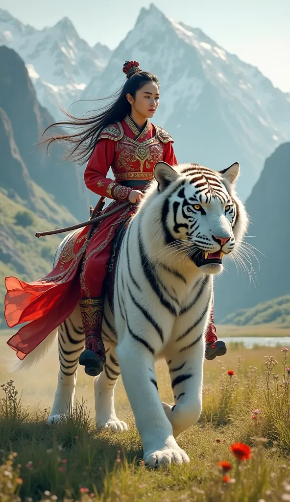 Eastern warrior girl in red armor riding a white tiger across a field, mountains in the background, detail, high quality, cinematic lighting