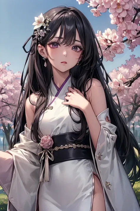 (((vivizsinb))), (((black long hair))), purple eyes, hanbok, surpassing,  best aesthetic , new, recent, best quality,  masterpiece, Free Sex),  masterpiece,  1girl , Solo, sky, flower, Cherry Blossom,, Plum Blossom , lily, eautiful Body, High Definition, c...