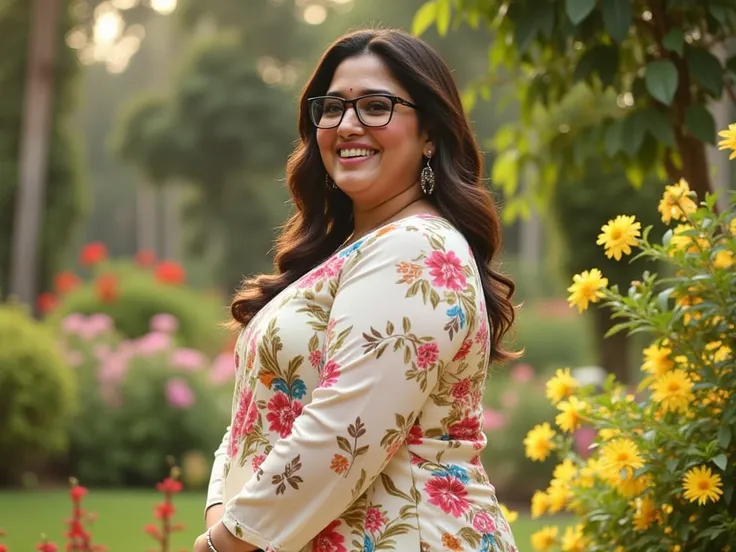 A 27 years old ,matured,american white woman with A plus sized fitted body with full figured shape, ivory white round-shaped face.

She and her husband. She stands in a beautiful garden surrounded by blooming flowers and greenery. She wears a floral kurti ...